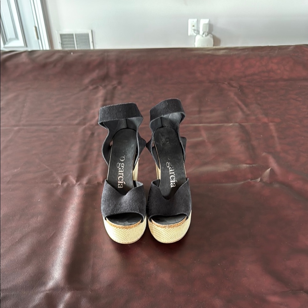 Pedro Garcia Black and Tan Wedge Sandals